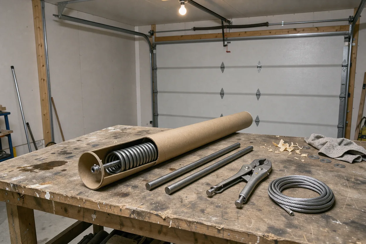 Torsion spring, winding bars, and rollers on a garage workbench
