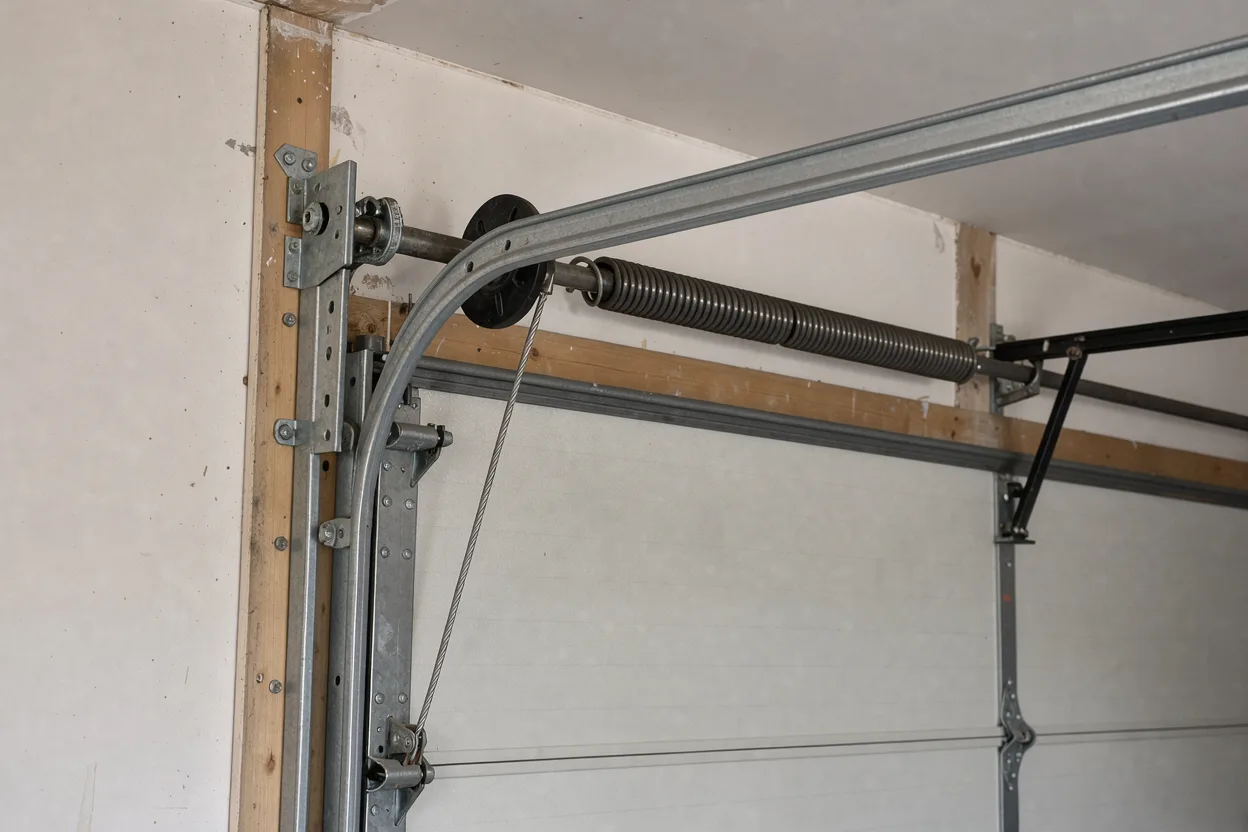 A cable drum and lift cable at the top corner of a garage door