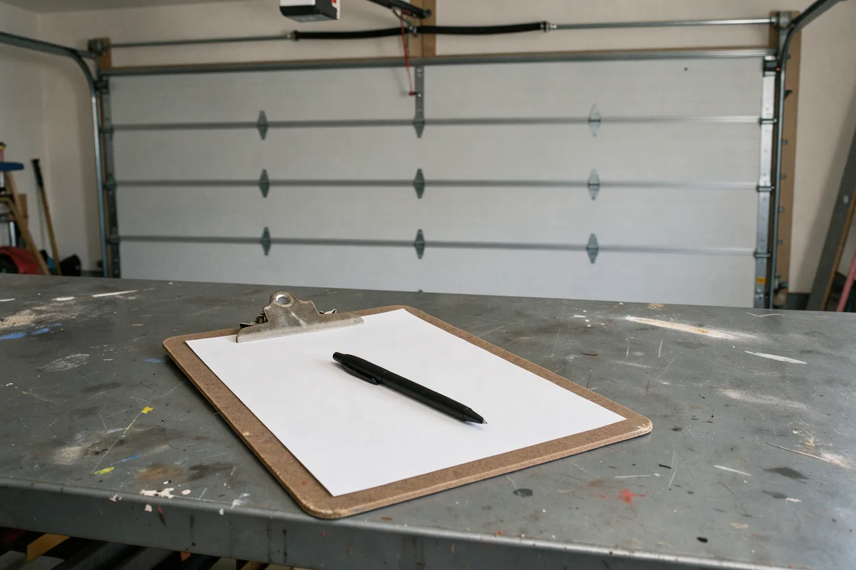 A clipboard and pen on a workbench inside a garage