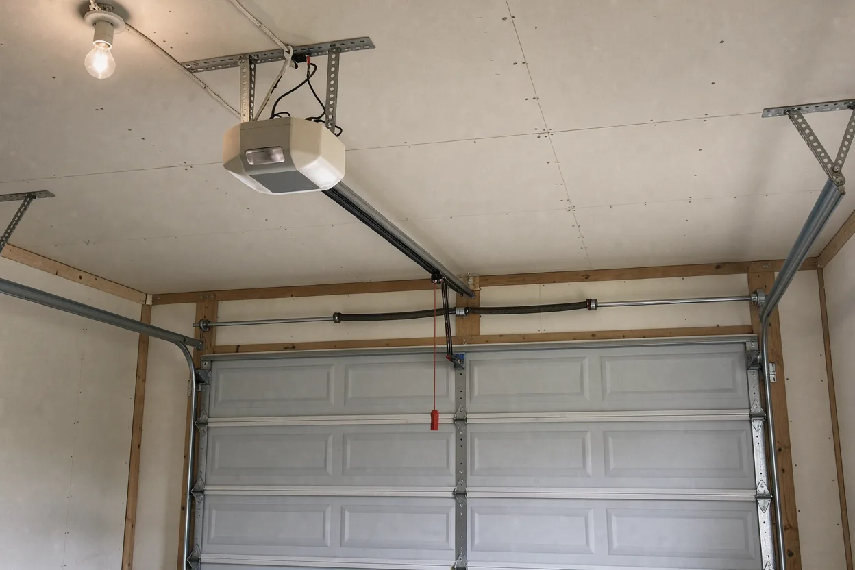 Ceiling-mounted garage door opener and rail above a closed door