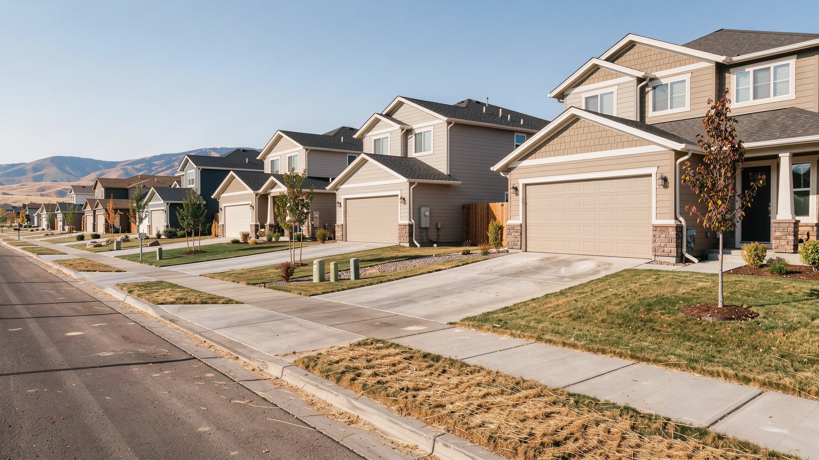 Garage doors on subdivision houses with Boise foothills behind