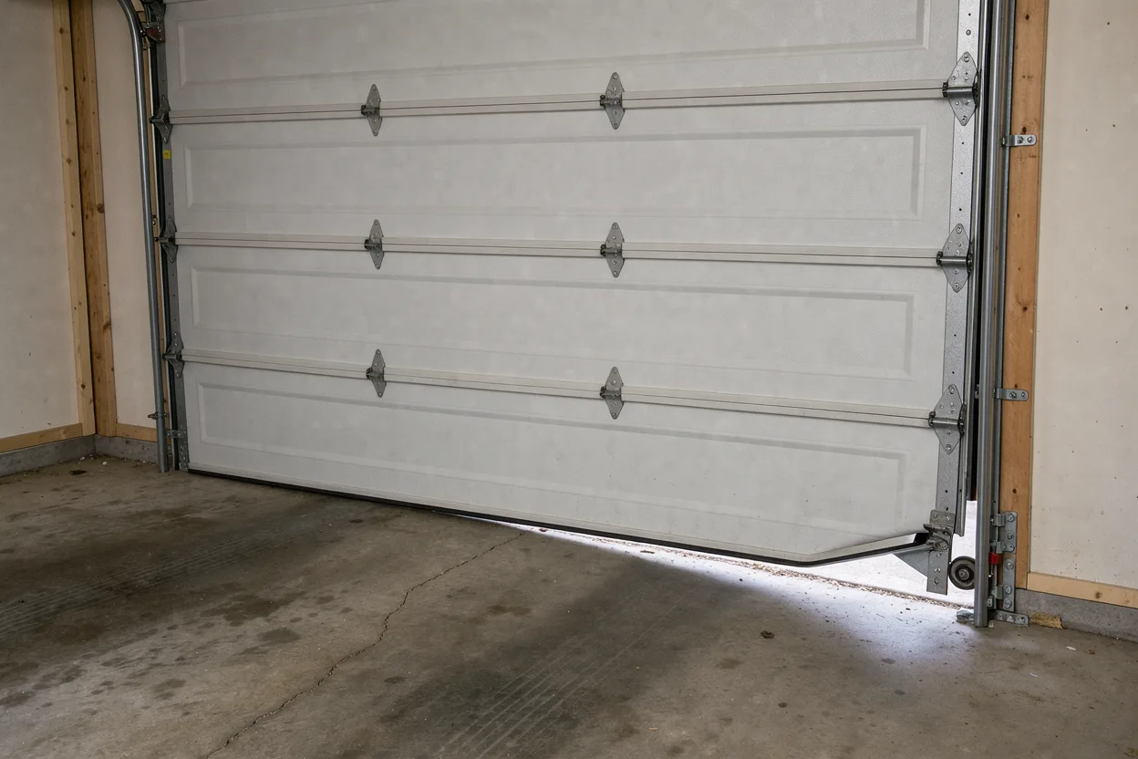 A garage door sitting crooked with a roller out of the track