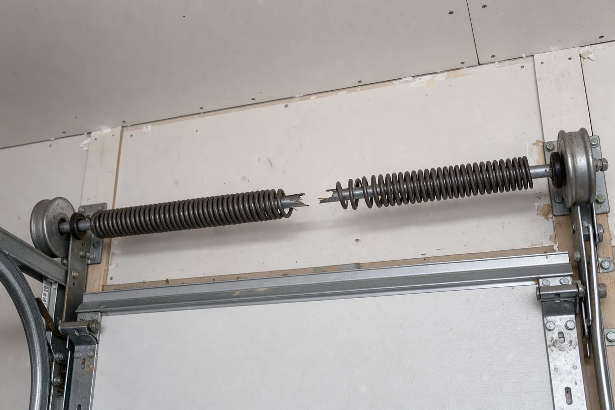 A snapped torsion spring on the shaft above a garage door